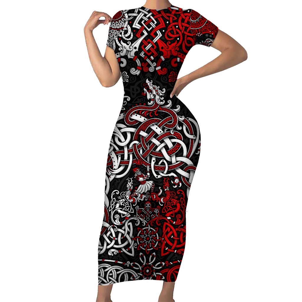 Viking Warrior And Viking Dragons Short Sleeve Bodycon Dress