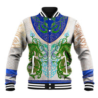 Light gray button-up baseball jacket with dragon celtic knot print, blue and green