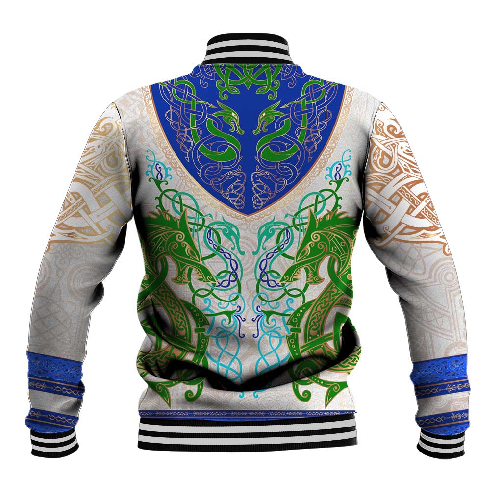 Back view of light gray baseball jacket with large dragon celtic knot print, blue and green