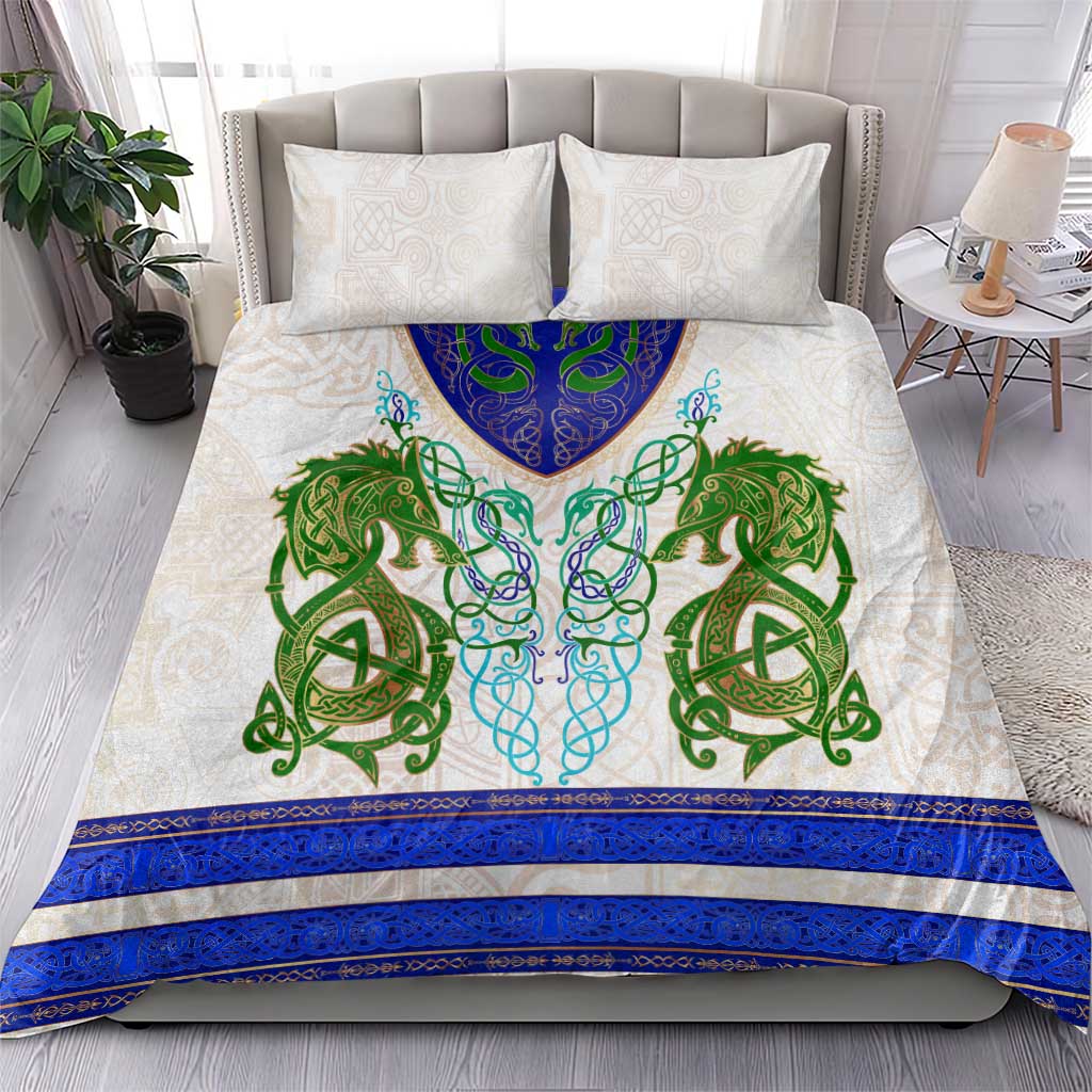 Bedding set with white pillow shams and duvet, green and blue Celtic dragon artwork