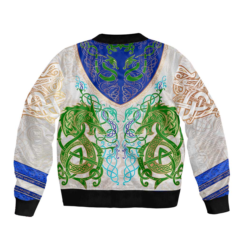 Unisex bomber jacket with ribbed black collar and celtic dragon knot artwork, blue/green on light