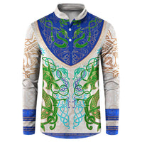Celtic dragon button sweatshirt with hooded collar, multicolor knot design, long sleeves