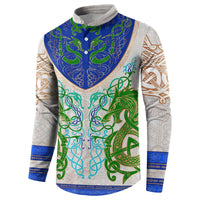 Celtic dragon button sweatshirt with multicolor knot pattern, long sleeves, crew neck