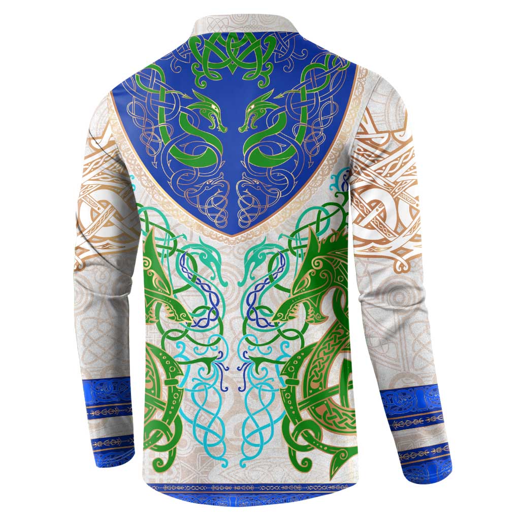 Celtic dragon button sweatshirt, front view with green and blue knot graphic, long sleeves
