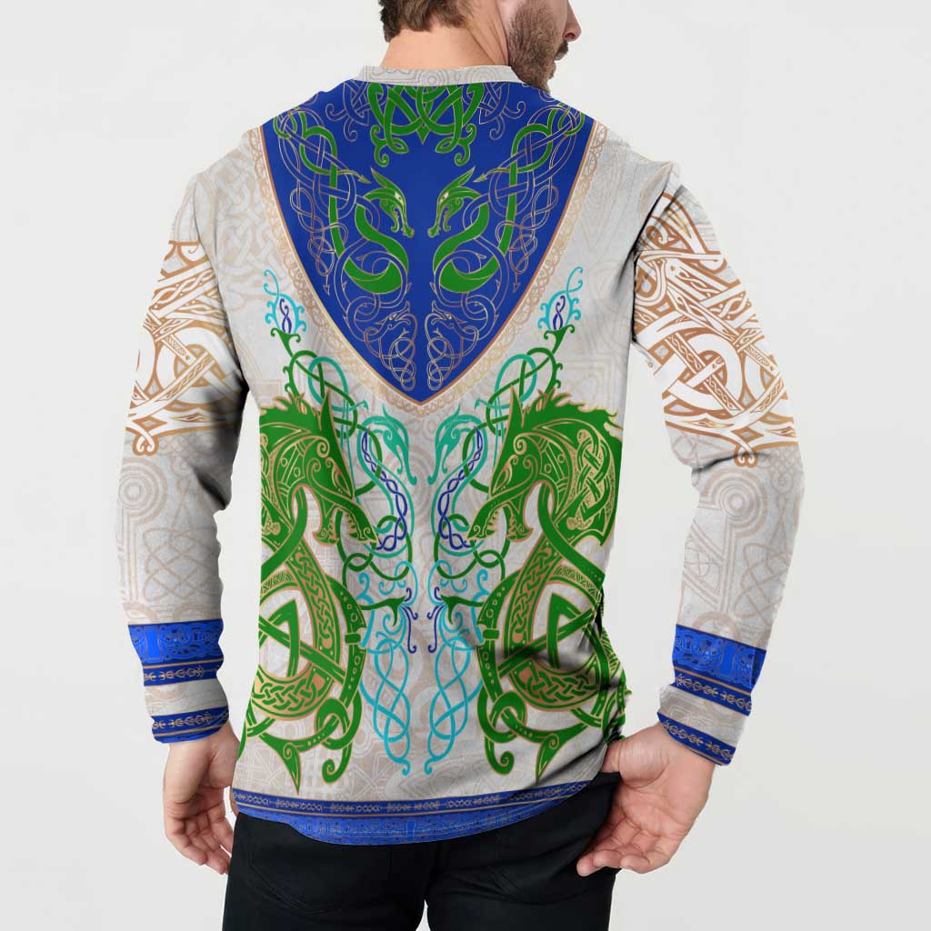 Celtic dragon button sweatshirt, back view with multicolor knot pattern and blue hem stripe