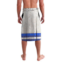 Men's lavalava with white base, green and blue trim, rear view dragon knot print.