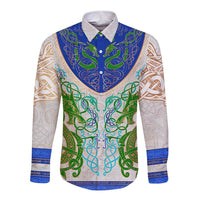 Long sleeve button-up shirt with multicolor Celtic dragon knot print, white sleeves