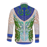 Long sleeve button-up shirt, back view, multicolor Celtic dragon knot panel