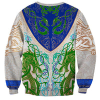 Unisex sweatshirt with multicolor Celtic knot dragon graphic on back, crew neck