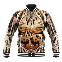 Graphic baseball jacket with striped rib collar, button front, buffalo and desert scene