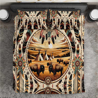 Decorative bedding set with teepee and buffalo bison motif, tribal feather border