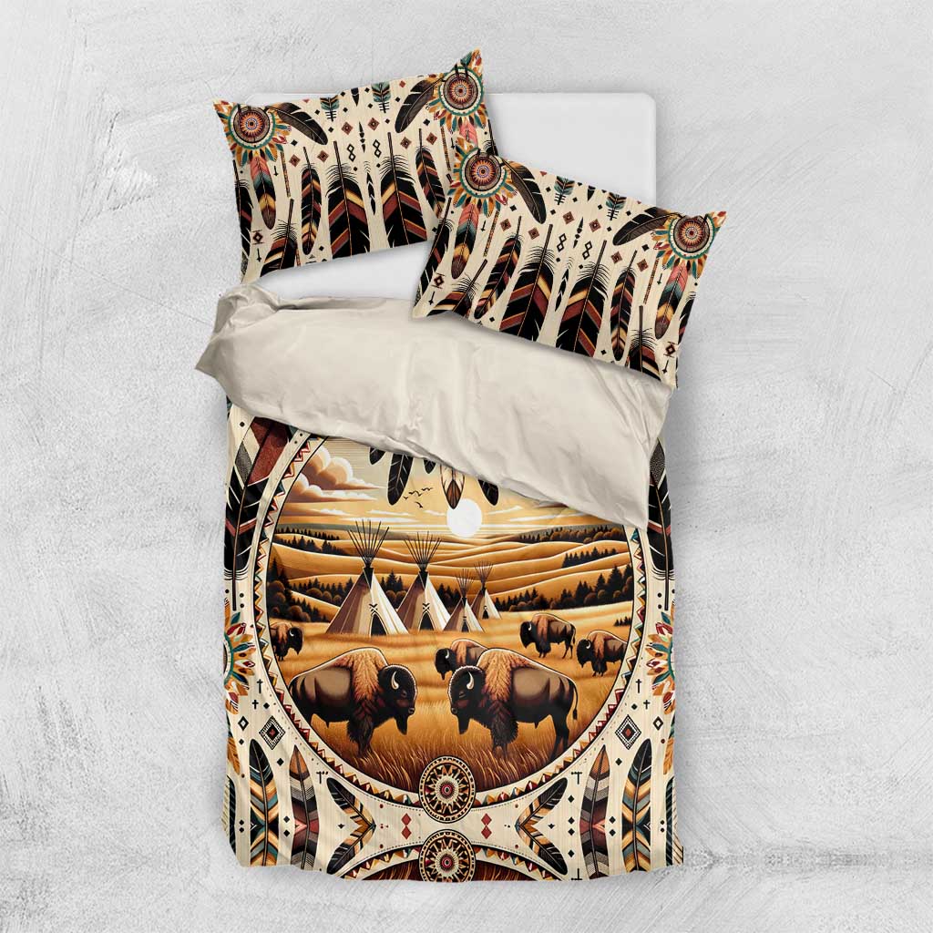 Folded bedding set showing teepee and buffalo bison print, feather and arrow details