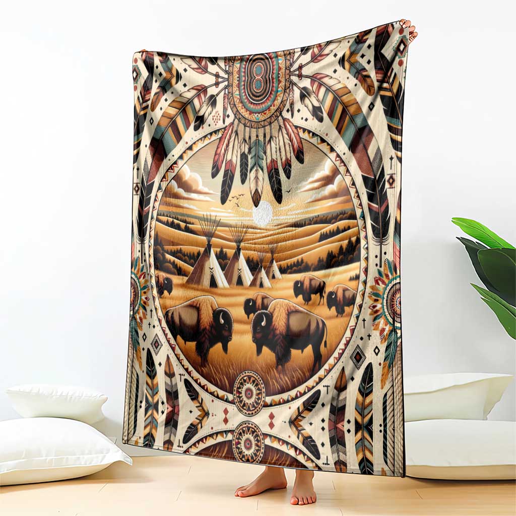 Buffalo bison print blanket with large central medallion and teepee-style tribal pattern