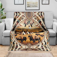Multicolor buffalo bison throw blanket with feather/teepee motifs and central bison circle