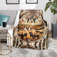 Native-style buffalo bison print throw blanket with circular emblem and striped tribal design