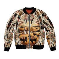 Unisex bomber jacket with bison desert print, tribal sleeve patterns, ribbed hem and cuffs