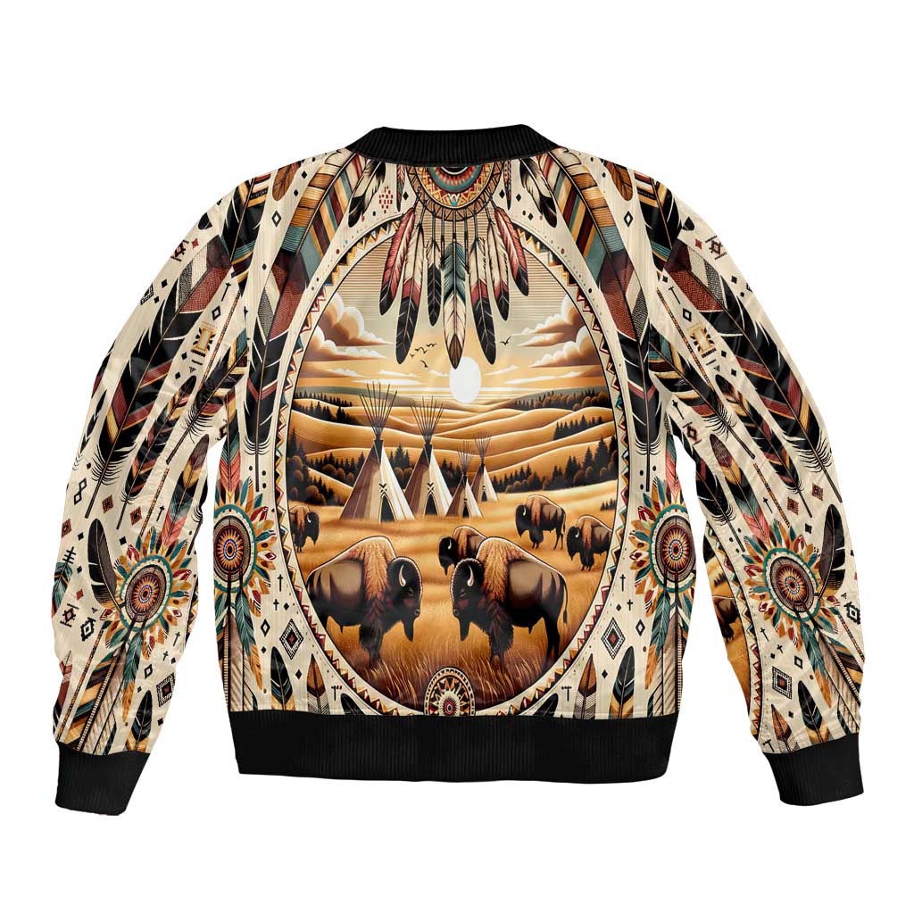 Unisex bomber jacket with central bison scene, feathered graphics, zip front and ribbed collar