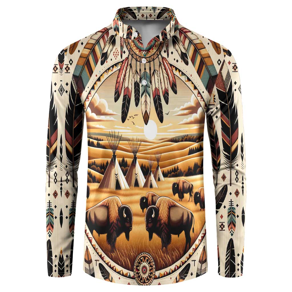 Button-front long-sleeve shirt with Native-style buffalo and teepee village graphic