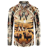 Button-front long-sleeve shirt with Native-style buffalo and teepee village graphic