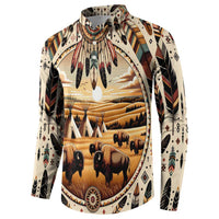 Button-front long-sleeve shirt with buffalo herd and desert landscape graphic