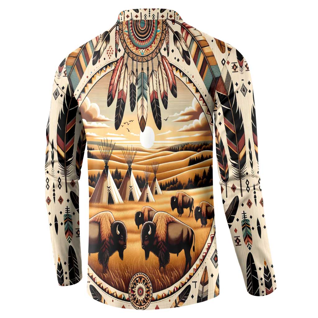 Button-front long-sleeve shirt with buffalo, teepee tents, and feather motif