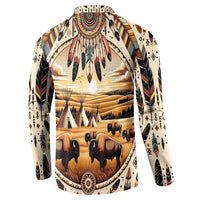 Button-front long-sleeve shirt with buffalo, teepee tents, and feather motif
