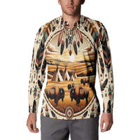 Button-front long-sleeve shirt worn by model; buffalo and teepee village print