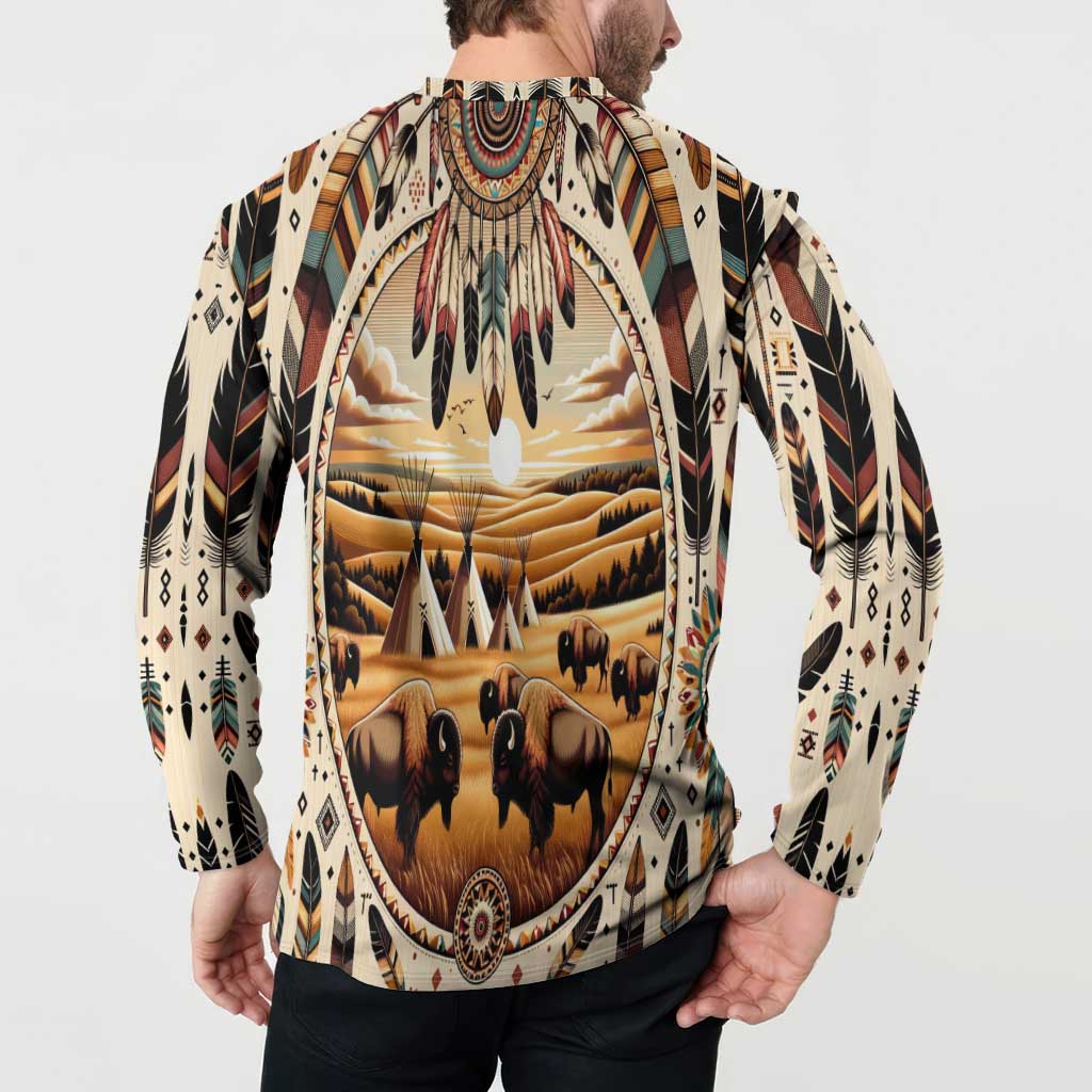 Button-front long-sleeve shirt showing back print: buffalo herd and landscape