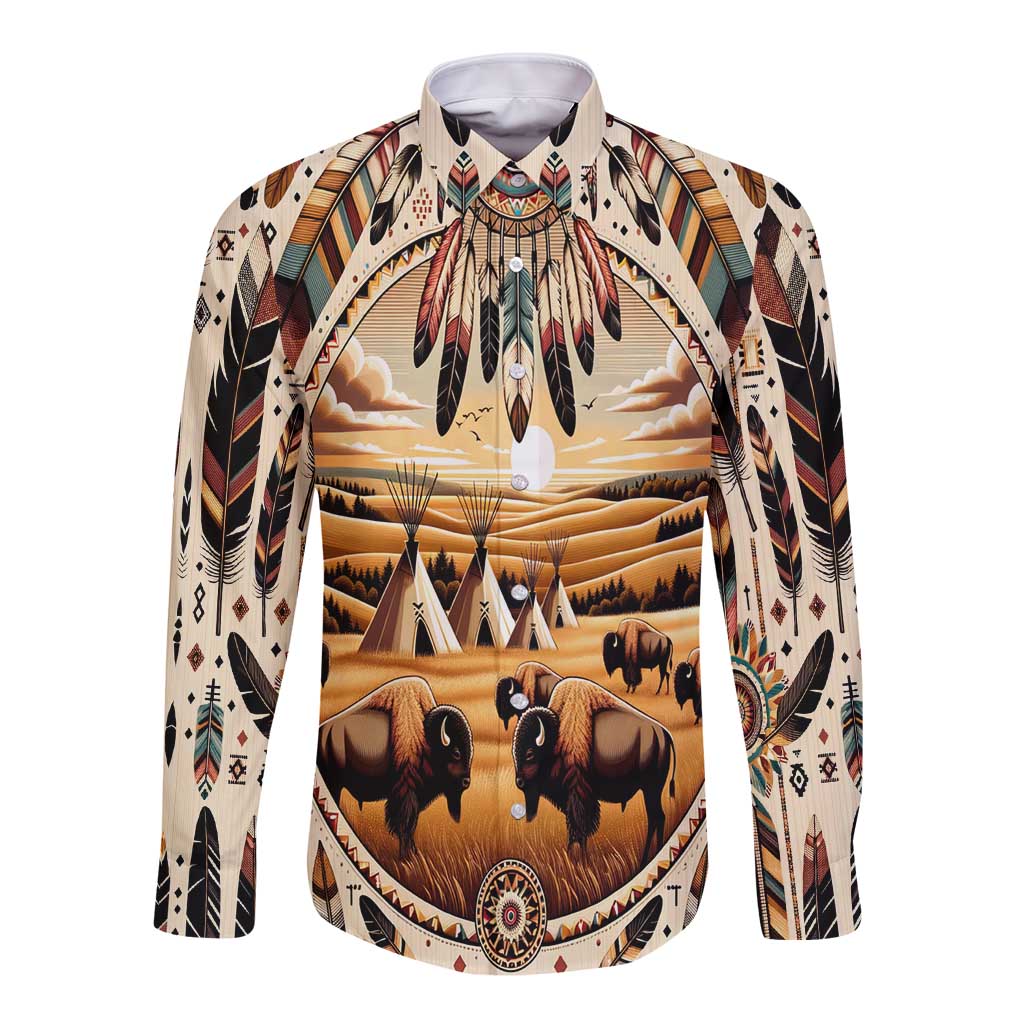 Unisex long-sleeve button shirt with all-over buffalo and teepee-style graphic