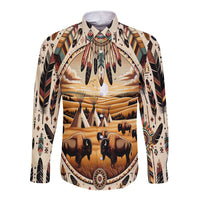 Unisex long-sleeve button shirt with all-over buffalo and teepee-style graphic