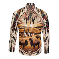 Unisex long-sleeve button shirt, front button placket and circular buffalo print