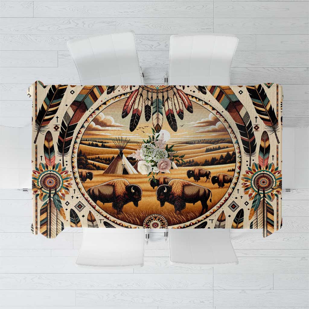 Patterned tablecloth with buffalo scene and geometric feather motifs in warm earth tones