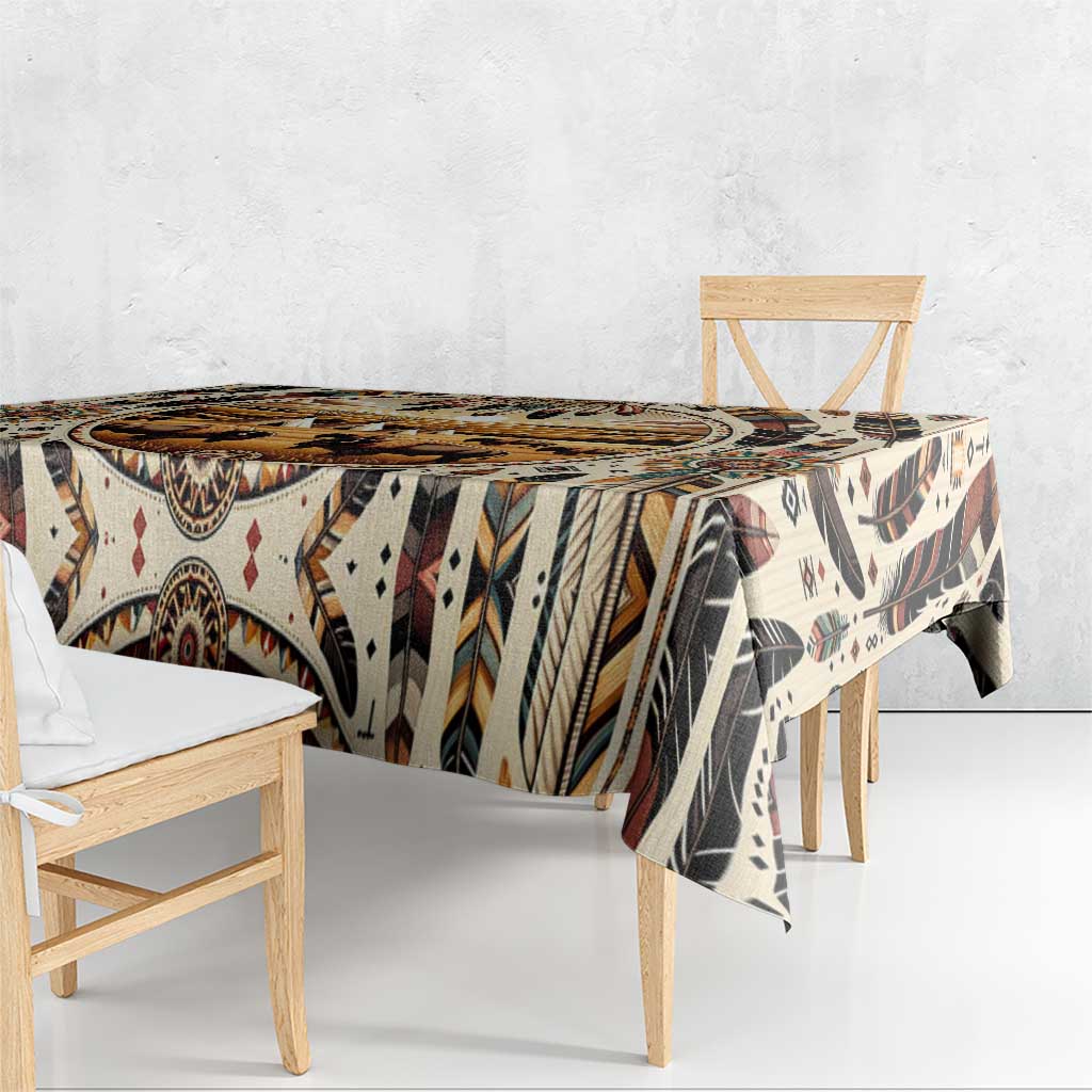 Native-inspired patterned tablecloth draped over table with geometric and stripe designs