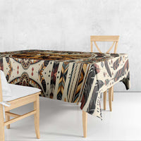 Native-inspired patterned tablecloth draped over table with geometric and stripe designs