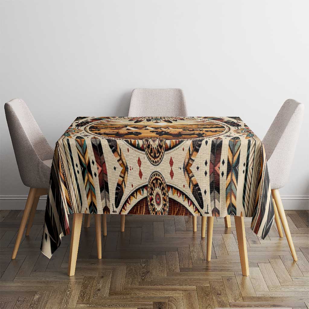 Geometric patterned tablecloth in cream with central buffalo motif and feather trim