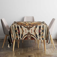 Geometric patterned tablecloth in cream with central buffalo motif and feather trim