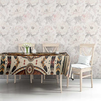 Patterned tablecloth with buffalo-and-feather oval medallion and tribal stripe accents