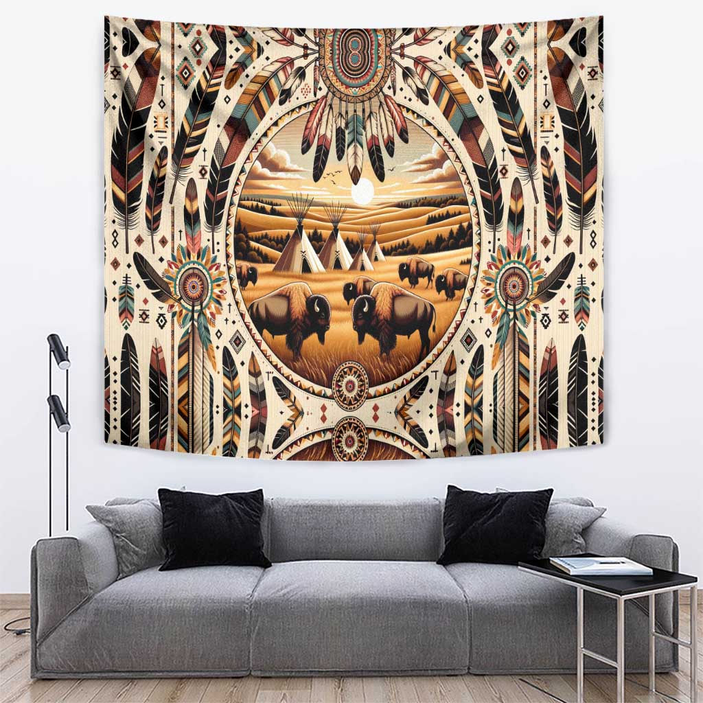 Native American Life Tapestry Teepee Village With Buffalo Bison