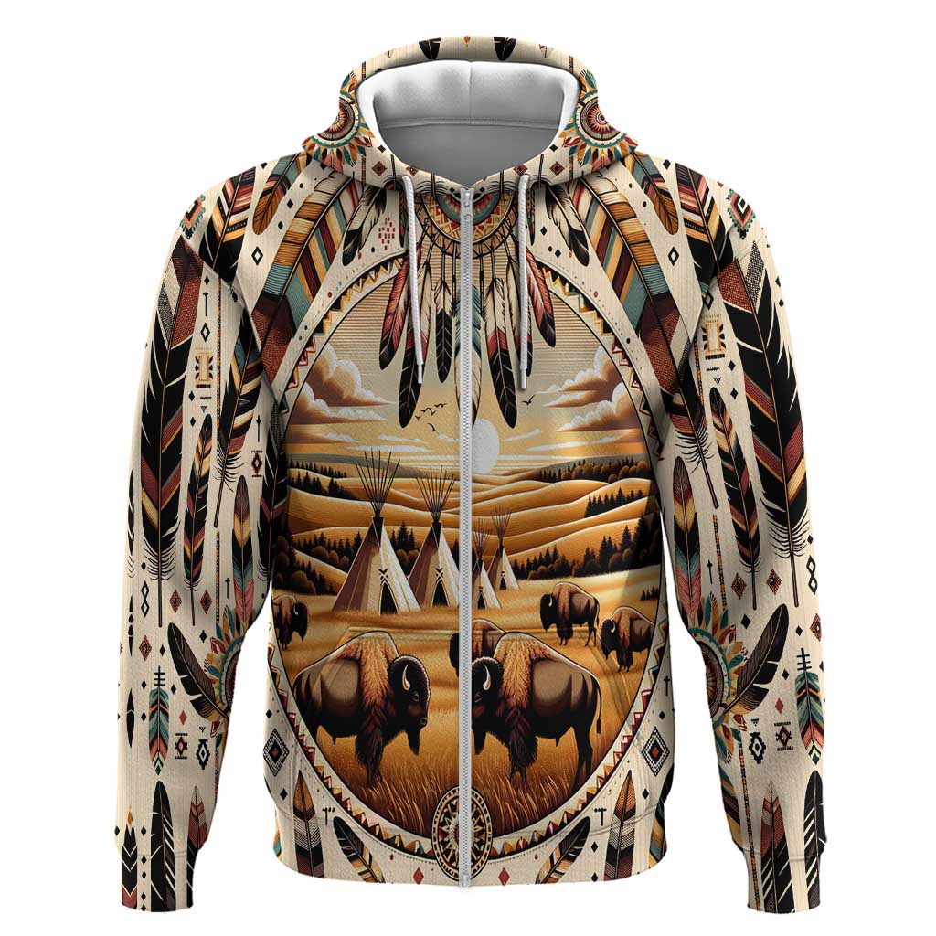 Native American Life Zip Hoodie Teepee Village With Buffalo Bison - Wonder Print Shop