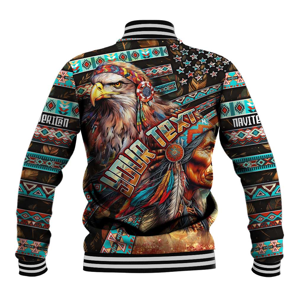 Back view multicolor baseball jacket with eagle graphic, tribal border patterns, striped ribbing