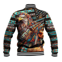 Back view multicolor baseball jacket with eagle graphic, tribal border patterns, striped ribbing