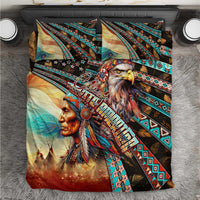 Eagle and warrior bedding set with two pillow shams and bold geometric stripe trim