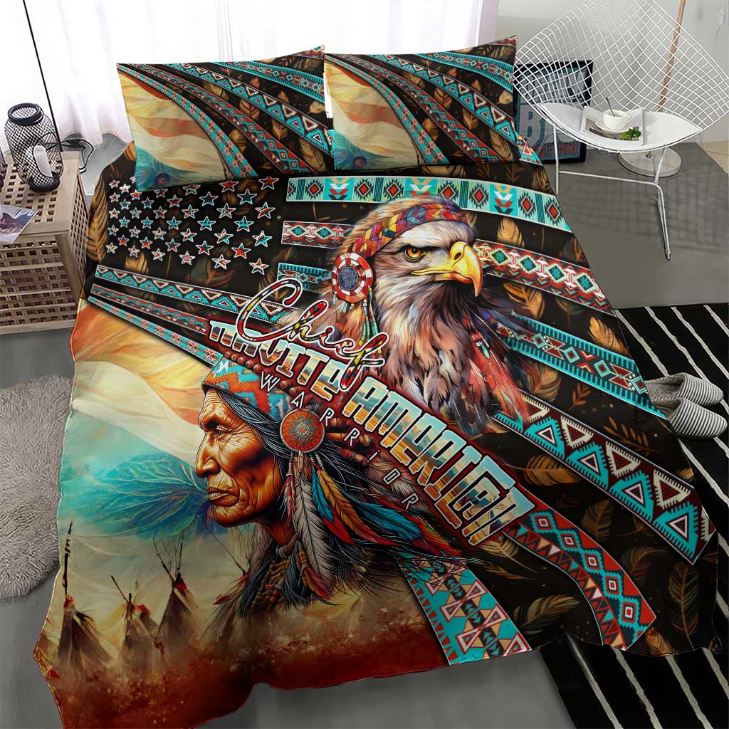 Eagle and chief bedding set with two pillow shams, geometric teal and black accents