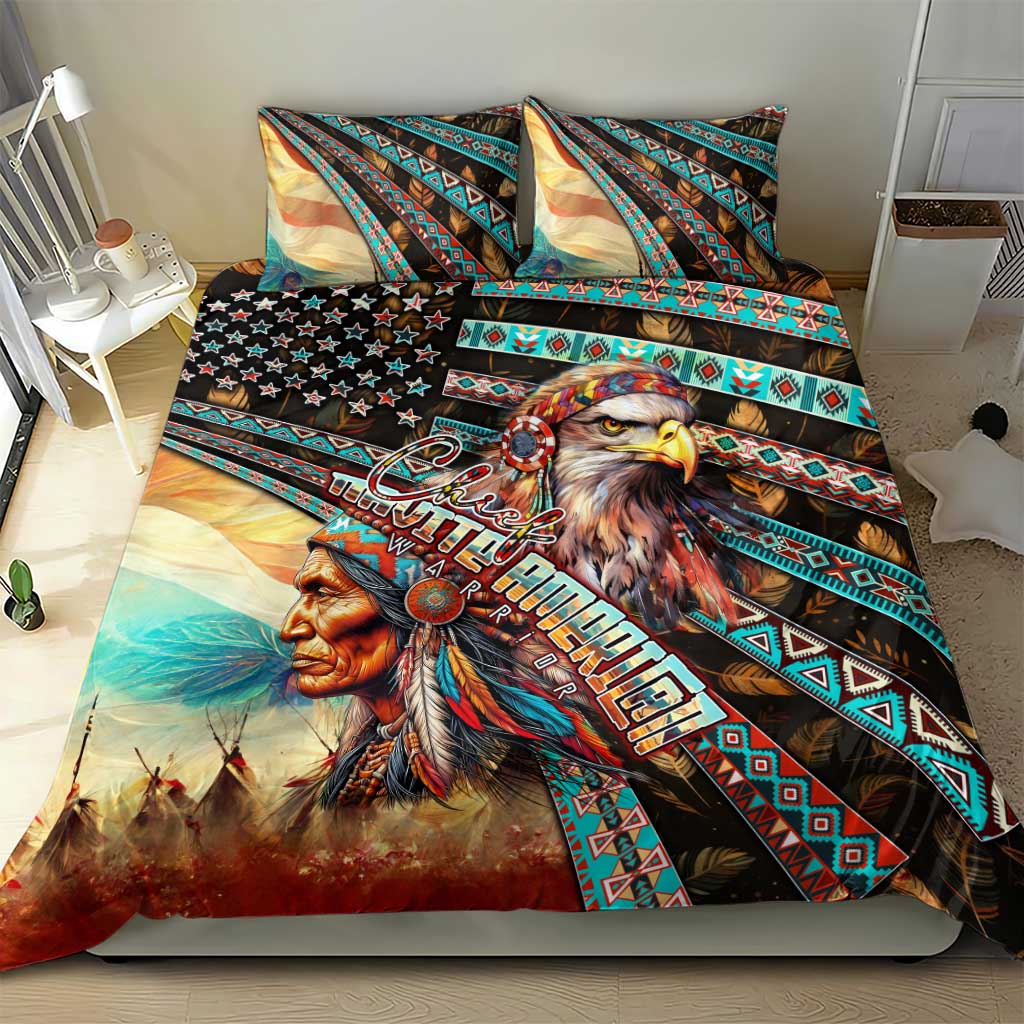 Eagle and Native-style warrior bedding set with geometric trim and matching pillow shams