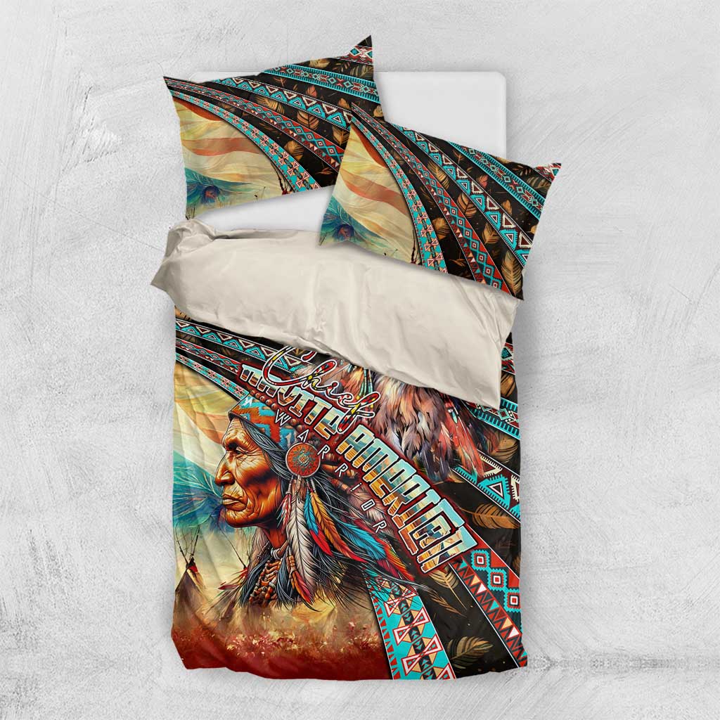 Eagle-themed bedding set with two pillow shams and geometric border in teal and tan
