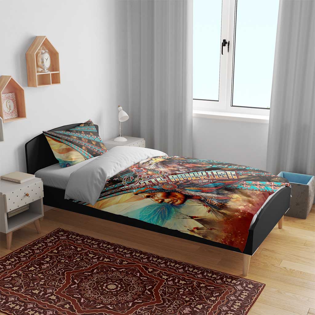 Eagle and chief patterned bedding set with two pillow shams on bed