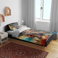Eagle and chief patterned bedding set with two pillow shams on bed