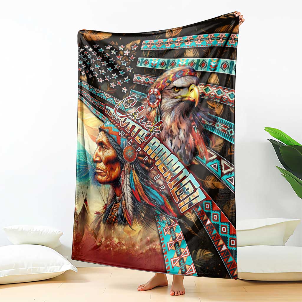 Native-themed blanket with eagle and male portrait, stars, and colorful tribal bands