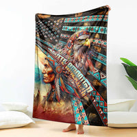 Native-themed blanket with eagle and male portrait, stars, and colorful tribal bands