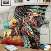 Native-themed blanket on couch showing eagle, horse portrait, and multicolor border